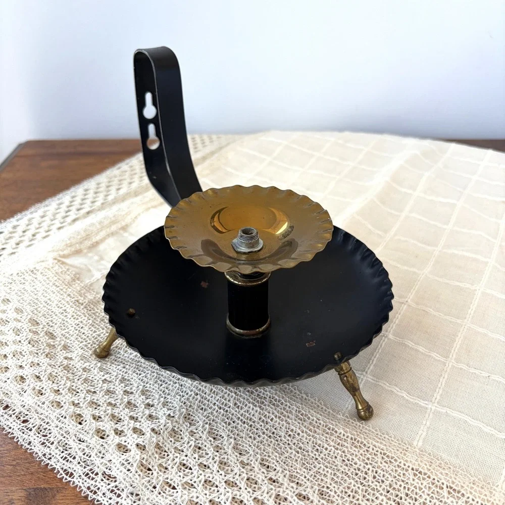 Vintage Black Metal Pillar Candle Holder Wall Sconce Brass Tripod Feet Scalloped